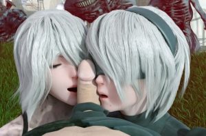 2b and a2 struggling for the same cock