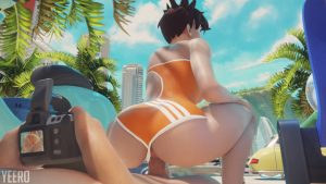 Tracer riding with her swinsuit