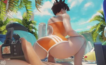 Tracer riding with her swinsuit